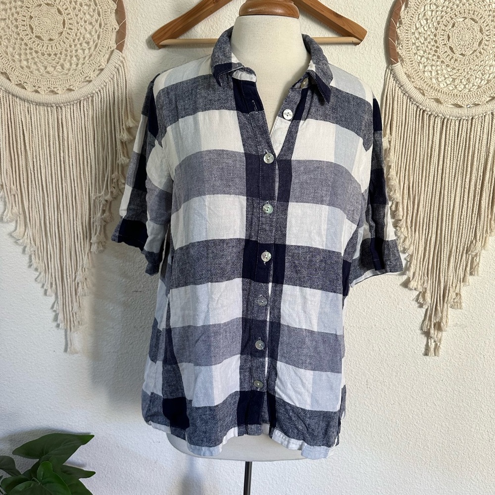 Soft surroundings blue and white linen blend plaid zip detail tunic top XL